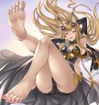  1girl aldehyde animal_ears arm_up armpits ass bangs barefoot blush breasts cleavage detached_sleeves erune feet gradient gradient_background granblue_fantasy hair_ornament highres legs leotard licking_lips light_brown_hair long_hair looking_at_viewer medium_breasts metera_(granblue_fantasy) open_mouth purple_background purple_eyes smile soles solo toes tongue tongue_out 