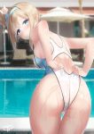  1girl ass back bangs blue_eyes blue_hairband blush breasts competition_swimsuit girls_frontline hair_between_eyes hair_ornament hairband highleg highleg_swimsuit highres large_breasts long_hair looking_at_viewer looking_back one-piece_swimsuit shirosaba side_bun snowflake_hair_ornament solo suomi_kp31_(girls_frontline) swimsuit white_swimsuit 