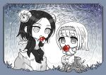  1boy 1girl apple bangs black_hair blonde_hair chibi coat demon demon_tail demon_wings dress eating eyebrows_visible_through_hair food fruit hair_between_eyes hairband hood hoodie horns jacket jaku_711 long_hair medium_hair monochrome open_mouth rock shingeki_no_kyojin short_hair sitting tail tree tree_stump wings ymir_fritz 