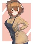  1girl alternate_costume apron black_apron blush breasts brown_eyes brown_hair brown_sweater carmine_(ucdio) eyebrows_visible_through_hair graphite_(medium) hair_between_eyes hairband highres kantai_collection large_breasts looking_at_viewer mechanical_pencil mutsu_(kantai_collection) pencil short_hair smile solo sweater traditional_media 