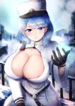  1girl areola_slip areolae azur_lane bangs black_gloves blue_eyes blue_hair blush breasts breath chapayev_(azur_lane) cleavage collarbone commentary_request eyebrows_visible_through_hair gloves hair_ornament hairclip hat head_tilt highres ibara_azuki jacket large_breasts long_sleeves looking_at_viewer military_hat mole mole_on_breast outdoors outstretched_arm parted_lips peaked_cap short_hair signature sitting smile snowing solo white_headwear white_jacket 