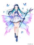 1girl blue_butterfly blue_footwear blue_gloves blue_hair blue_neckwear bug butterfly butterfly_hair_ornament company_name dress earrings full_body gloves hair_ornament highres insect jewelry leg_tattoo long_hair looking_at_viewer momoshiki_tsubaki official_art purple_eyes shironeko_project smile staff standing tattoo white_dress 