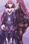 2girls armlet ass bangs blush bodysuit breasts covered_navel dedeyong dress fate/grand_order fate_(series) fur-trimmed_dress fur_trim hair_between_eyes hair_intakes hair_ribbon highres jewelry large_breasts long_hair looking_at_viewer looking_back multiple_girls open_mouth pauldrons pendant purple_background purple_bodysuit purple_dress purple_hair purple_ribbon red_eyes ribbon scathach_(fate)_(all) scathach_(fate/grand_order) scathach_skadi_(fate/grand_order) smile thighs tiara 