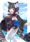  1girl animal_ear_fluff animal_ears azur_lane bangs bell black_hair blue_sky blush breasts cat_ears cloud eyebrows_visible_through_hair highres japanese_clothes kimono large_breasts looking_at_viewer mask mask_on_head open_mouth red_eyes short_hair sideboob sky smile solo thighhighs white_legwear yamashiro_(azur_lane) yumibakama_meme 