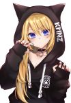  1girl animal_ears black_hoodie blue_eyes claw_pose dedechimly hair_over_one_breast hood hood_up hoodie kmnz long_hair long_sleeves mc_lita paw_print sleeves_past_wrists v-shaped_eyebrows virtual_youtuber 