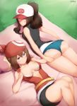  2girls ass bandana bangs baseball_cap bike_shorts black_shorts blue_eyes blush bra breasts brown_hair commentary denim denim_shorts deru06 eyebrows_visible_through_hair haruka_(pokemon) hat highres jacket large_breasts long_hair lying medium_breasts multiple_girls on_back on_stomach pillow pokemon ponytail red_jacket shirt short_shorts shorts smile touko_(pokemon) underwear white_bra white_shirt 