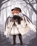  1girl alternate_costume animal_ears beanie bird_ears bird_wings black_scarf boots breath brown_capelet brown_eyes brown_footwear brown_headwear capelet commentary_request cross-laced_footwear forest full_body gloves hat highres kaginoni lace-up_boots long_sleeves mystia_lorelei nature outdoors red_hair scarf solo touhou tree white_coat wings winter 
