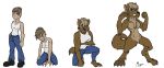  2018 anthro black_nose blue_eyes bottomwear breasts brown_body brown_fur canid canine clothed clothing countershading digital_media_(artwork) featureless_breasts featureless_crotch female fully_clothed fur grin hair hair_bun hi_res human isa_wexler jeans magra_(artist) mammal nude pants shirt smile species_transformation tank_top tied_hair topwear transformation transformation_sequence were werecanid werecanine werewolf 