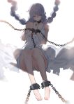  1girl avrora_(azur_lane) avrora_(shackled_saule)_(azur_lane) azur_lane bare_shoulders blue_eyes blush braid breasts chain closed_mouth cuffs dress eyebrows_visible_through_hair hair_between_eyes highres kukikomori large_breasts long_hair looking_at_viewer restrained shackles solo torn_clothes torn_dress twin_braids very_long_hair white_dress 