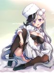  1girl azur_lane bandeau black_footwear blue_skirt breasts brown_legwear cleavage commentary_request fur_trim grey_hair hat highres kaniya_shiku knee_up long_hair long_sleeves looking_at_viewer medium_breasts military_hat miniskirt minsk_(azur_lane) multicolored_hair open_mouth panties pantyshot pantyshot_(sitting) peaked_cap pink_panties pom_pom_(clothes) purple_eyes shoes shrug_(clothing) sitting skirt smile solo thighhighs two-tone_hair underwear very_long_hair white_coat white_headwear 