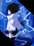  1boy back belt black_eyes black_hair blue_sky closed_mouth cloud cloudy_sky electricity medium_hair naruto_(series) rope_belt sk_(ryolove) sky solo standing uchiha_sasuke 