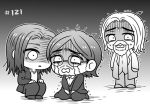  3boys age_difference beard black_hair blonde_hair brothers chibi coat crying crying_with_eyes_open eren_yeager facial_hair family father_and_son formal glasses grisha_yeager hood hoodie jacket jaku_711 long_hair medium_hair monochrome multiple_boys older open_mouth sad seiza shaded_face shingeki_no_kyojin shirt siblings sitting squatting standing suit surprised tears whispering zeke_yeager 