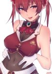  1girl bangs bare_shoulders brooch commentary covered_navel covered_nipples fangs gloves hair_between_eyes hair_ribbon hands_on_own_stomach high_collar hololive houshou_marine jewelry navel open_mouth puru_(manatsu) red_eyes red_hair red_ribbon red_skirt red_vest ribbon sidelocks signature simple_background skirt sleeveless smile solo upper_body vest white_background white_gloves 