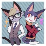  :&lt; :d absurd_res animal_crossing anthro black_tail blue_background blue_body blue_eyes blue_fur blue_tail bottomwear claws clothed clothing domestic_cat eyewear felid feline felis fur glasses grey_body grey_fur grey_hair hair hi_res looking_at_viewer male mammal multicolored_body multicolored_eyes multicolored_fur multicolored_tail necktie nintendo open_mouth pants pink_eyes portrait pose red_eyes rover_(animal_crossing) sharp_claws shirt short_hair simple_background slit_pupils smile standing sweater syu_0731 topwear unknown_character vest video_games white_body white_fur white_tail 