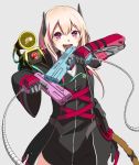  1girl absurdres artist_request bangs black_coat black_jumpsuit coat dinergate_(girls_frontline) girls_frontline grey_background headgear highres hood hood_down hooded_coat jumpsuit light_gun long_hair m4_sopmod_ii_(girls_frontline) mechanical_arm mod3_(girls_frontline) multicolored_hair open_clothes open_coat open_mouth pink_hair prosthesis prosthetic_arm red_eyes red_hair ro635_(dinergate) simple_background smile solo streaked_hair two-tone_hair zipper 