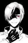  1boy adler akatsuki_blitzkampf black_background evil_smile fangs gloves ishitsuki_merokoa looking_at_viewer male_focus military military_uniform monochrome one_eye_covered red_eyes shaded_face short_hair silver_hair simple_background smile solo uniform white_hair 