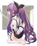  1girl alternate_costume alternate_hairstyle blue_eyes blurry blurry_background bound bound_arms chain collar commentary_request hair_ribbon highres hololive long_hair looking_at_viewer looking_back ponytail pupps ribbon shorts solo tashkent_(azur_lane) thighhighs white_legwear 
