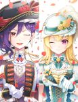  2girls bang_dream! blonde_hair braid flower gloves hair_between_eyes half_updo hat jewelry long_hair minori_(faddy) multiple_girls one_eye_closed purple_eyes purple_hair red_eyes rose seta_kaoru shirasagi_chisato sidelocks 