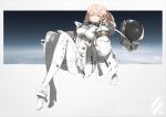  1girl bodysuit breasts cloud english_text falslander floating floating_hair gloves harness headwear_removed helmet helmet_removed high_heels highres hood iris_(neco) jacket medium_breasts neco open_clothes open_jacket original pink_eyes pink_hair solo spacesuit 