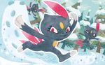  :3 claws closed_mouth creature day eyelashes full_body jumping looking_at_viewer no_humans official_art open_arms outline pine_tree pokemon pokemon_(creature) pokemon_trading_card_game running sneasel snow sparkle third-party_source tree uratsuka_ryouma white_outline 