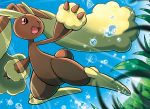  :d blue_sky bunny bunny_focus creature day full_body gen_4_pokemon grass happy jumping lopunny no_humans official_art open_mouth outdoors pokemon pokemon_(creature) pokemon_trading_card_game sakuma_sanosuke sky smile sunlight third-party_source water 