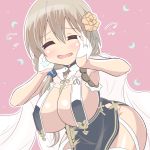  1girl ^_^ azur_lane blush breast_curtains breasts brown_hair cape closed_eyes cosplay crescent flower hair_flower hair_ornament hands_on_own_cheeks hands_on_own_face jewelry large_breasts long_hair low_ponytail mature open_mouth ring sirius_(azur_lane) sirius_(azur_lane)_(cosplay) sirius_(azure_horizons)_(azur_lane) sisachi smile solo uzaki-chan_wa_asobitai! uzaki_tsuki wedding_band 