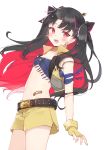  1girl bangs bow breasts fate/grand_order fate_(series) gloves hair_bow highres ishtar_(fate)_(all) long_hair looking_at_viewer multicolored_hair oomori_(kswmr) parted_bangs red_eyes red_hair ribbon shirt shorts simple_background small_breasts solo_focus space_ishtar_(fate) twitter_username two-tone_hair very_long_hair white_background white_shirt yellow_gloves 