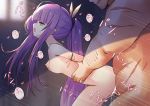  1boy 1girl aianchor aqua_eyes arms_behind_back azur_lane breasts commentary_request cum cum_in_pussy hetero long_hair moaning nipples nude open_mouth ponytail purple_hair sex small_breasts tashkent_(azur_lane) vaginal 