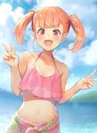  1girl :d absurdres bare_shoulders bikini blurry breasts cloud collarbone day depth_of_field double_v halter_top halterneck hands_up highres isegawa_yasutaka lens_flare long_hair looking_at_viewer midriff navel ocean open_mouth orange_hair original outdoors pink_bikini red_eyes revision sarong sky small_breasts smile solo stomach sunlight swimsuit twintails upper_body v water 