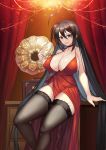  1girl absurdres ahoge alcohol azur_lane black_hair black_legwear breasts champagne champagne_flute choker cleavage cocktail_dress covered_nipples cup dress drinking_glass hair_between_eyes highres hiroshi_(beolcoyote) huge_breasts lace lace-trimmed_legwear long_hair looking_at_viewer phonograph red_choker red_dress red_eyes sitting smile solo taihou_(azur_lane) taihou_(forbidden_feast)_(azur_lane) thighhighs very_long_hair 