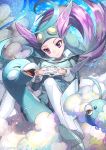  1girl altaria blue_footwear blue_headwear blue_sky blue_suit breasts commentary_request floating_hair flying full_body gen_3_pokemon gloves gym_leader head_tilt helmet highres interlocked_fingers long_hair long_sleeves looking_at_another low_ponytail medium_breasts nagi_(pokemon) pilot_suit pokemon pokemon_(creature) pokemon_(game) pokemon_oras purple_eyes purple_hair riding_pokemon shoes sky smile solo_focus swablu twitter_username white_gloves white_legwear wind yamanashi_taiki 