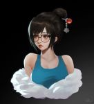  1girl bangs bare_shoulders black_background blue_shirt blush breasts brown_hair closed_mouth collarbone fur_trim glasses green_eyes hair_bun hair_ornament highres large_breasts looking_to_the_side medium_hair mei_(overwatch) overwatch red_lips shirt simple_background sleeveless sleeveless_shirt solo straight_hair upper_body yiqing_(yohare) 