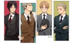  4boys armin_arlert blonde_hair blue_eyes brown_eyes brown_hair connie_springer deadpan eren_yeager formal grey_hair happy hat holding holding_hat holding_jacket jacket jean_kirchstein looking_at_viewer male_focus medium_hair multiple_boys necktie shingeki_no_kyojin shirt short_hair sideburns silver_eyes smile suit tonshi vest vest_over_shirt yellow_eyes 