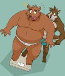  2017 anthro belly brown_body brown_fur bulge canid canine clothing cute_fangs duo eyes_closed fur hi_res kmhr_889012 male mammal moobs navel overweight overweight_male simple_background underwear ursid 