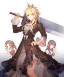  1boy 2girls aerith_gainsborough black_dress black_hair blonde_hair blue_eyes bow braid brown_eyes brown_hair buster_sword cloud_strife crossdressing dress final_fantasy final_fantasy_vii final_fantasy_vii_remake frilled_sleeves frills green_eyes hair_bow highres jewelry looking_at_viewer multiple_girls necklace over_shoulder purple_dress red_dress sasanomesi spiked_hair sword tifa_lockhart twin_braids weapon weapon_over_shoulder 