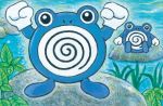  baba_yukiko black_eyes clenched_hands creature day full_body gen_1_pokemon hands_up looking_at_viewer nature no_humans official_art outdoors plant pokemon pokemon_(creature) pokemon_trading_card_game poliwhirl rock sitting standing third-party_source water 
