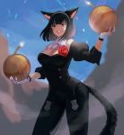  1girl animal_ears bangs bare_shoulders black_eyes black_tail blue_sky bomb bow breasts cat_ears cat_tail cleavage earrings facial_mark final_fantasy final_fantasy_xiv flower gloves hairband holding holding_bomb jewelry medium_hair miqo&#039;te monocle muraicchi_(momocchi) nashu_mhakaracca outdoors parted_lips pink_lips puffy_sleeves rose sky sleeves_rolled_up smile smoke solo standing tail teeth white_bow white_gloves white_hairband white_neckwear 
