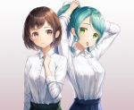  2girls arms_up bang_dream! bangs blue_skirt blush breasts brown_background brown_eyes brown_hair closed_mouth collared_shirt dress_shirt eyebrows_visible_through_hair gradient gradient_background green_eyes green_hair green_skirt hair_tie hair_tie_in_mouth hazawa_tsugumi hikawa_sayo long_hair long_sleeves looking_at_viewer lunacle medium_breasts mouth_hold multiple_girls pleated_skirt ponytail shirt short_hair skirt swept_bangs tying_hair upper_body white_background white_shirt 