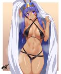  1girl animal_ears arm_up armpits bangs bare_shoulders bikini black_bikini border breasts cleavage closed_mouth collarbone cowboy_shot criss-cross_halter dark_skin eyebrows_visible_through_hair fate/grand_order fate_(series) halterneck highres jackal_ears kisaragi_(legobionicle23) large_breasts long_hair multicolored_hair navel nitocris_(fate/grand_order) outside_border pink_background purple_eyes sidelocks signature simple_background smile solo steaming_body stomach swimsuit thigh_gap thighs two-tone_hair under_covers very_long_hair white_border 