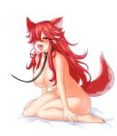  1girl absurdres animal_ears blush breasts collar eyebrows_visible_through_hair fangs fenrir_(last_origin) hair_between_eyes hair_over_one_eye heart heart-shaped_pupils highres kbn317 large_breasts last_origin leash long_hair multicolored_hair nude open_mouth pet_play saliva simple_background sitting smile solo streaked_hair symbol-shaped_pupils tail wariza white_background white_hair wolf_ears wolf_girl wolf_tail 
