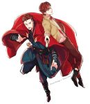  2boys bow bowtie brown_hair cape crossover doctor_strange doctor_strange_(series) doctor_who eleventh_doctor jacket loafers marvel multiple_boys pants red_cape rena_(renasight) shirt shoes short_hair the_doctor white_background 