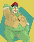  2017 anthro balls belly censored clothing fur genitals green_body green_fur hat headgear headwear hi_res kemono kmhr_889012 male mammal navel overweight overweight_male penis shirt solo tongue tongue_out topwear ursid 