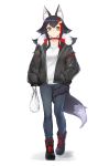  1girl absurdres animal_ear_fluff animal_ears bag black_hair boots denim expressionless full_body grocery_bag hand_in_pocket highres hololive hood hood_down hooded_jacket jacket long_hair long_sleeves ookami_mio red_hair shopping_bag simple_background sweater tail white_background wolf_ears wolf_tail yamabuki7979 