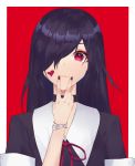  1boy absurdres bangs black_choker black_hair black_nails choker commentary facial_mark hair_over_one_eye heart heart_print highres long_hair male_focus original pink_eyes red_background red_ribbon ribbon signature simple_background smile solo v yeoru 