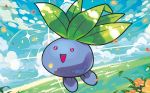  :d blue_sky cloud cloudy_sky creature day flower gen_1_pokemon grass happy jumping no_humans oddish official_art open_mouth outdoors pink_eyes pokemon pokemon_(creature) pokemon_trading_card_game sky smile solo third-party_source yumi_(poketcg) 