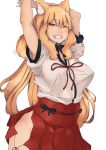  2019 animal_humanoid anime asian_clothing blonde_hair bow_tie breasts canid canid_humanoid canine canine_humanoid clothed clothing danielsung east_asian_clothing fate_(series) female fox_humanoid hair hi_res humanoid inner_ear_fluff japanese_clothing long_hair looking_at_viewer mammal mammal_humanoid miko_outfit nipple_outline one_eye_closed portrait simple_background smile solo suzuka_gozen three-quarter_portrait tuft white_background wink yellow_eyes 