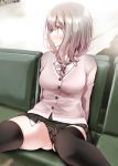  1girl grey_hair lace lace_panties looking_to_the_side necktie oouso original panties short_hair sweat thighhighs thighs underwear upskirt 