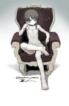  1girl asymmetrical_hair brown_hair chair closed_mouth dress feet hair_ornament hairclip highres iwakura_lain looking_at_viewer masahito_(yomenu) serial_experiments_lain short_hair simple_background sitting sleeveless solo white_dress 