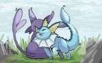  2014 ambiguous_gender cloud digital_media_(artwork) digital_painting_(artwork) duo eeveelution espeon eyes_closed grass level5pencil nintendo open_mouth open_smile pok&eacute;mon pok&eacute;mon_(species) rock sitting sky smile vaporeon video_games 