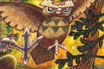  bird bird_focus claws creature flying full_body gen_2_pokemon komiya_tomokazu no_humans noctowl official_art owl pokemon pokemon_(creature) pokemon_trading_card_game red_eyes solo third-party_source 